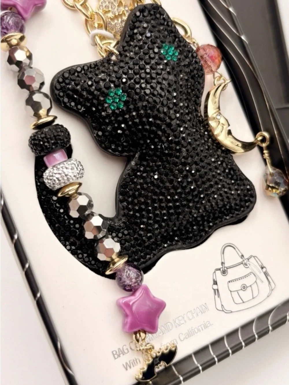 Eyecandy Black Rhinestone Cat Keychain with Charms